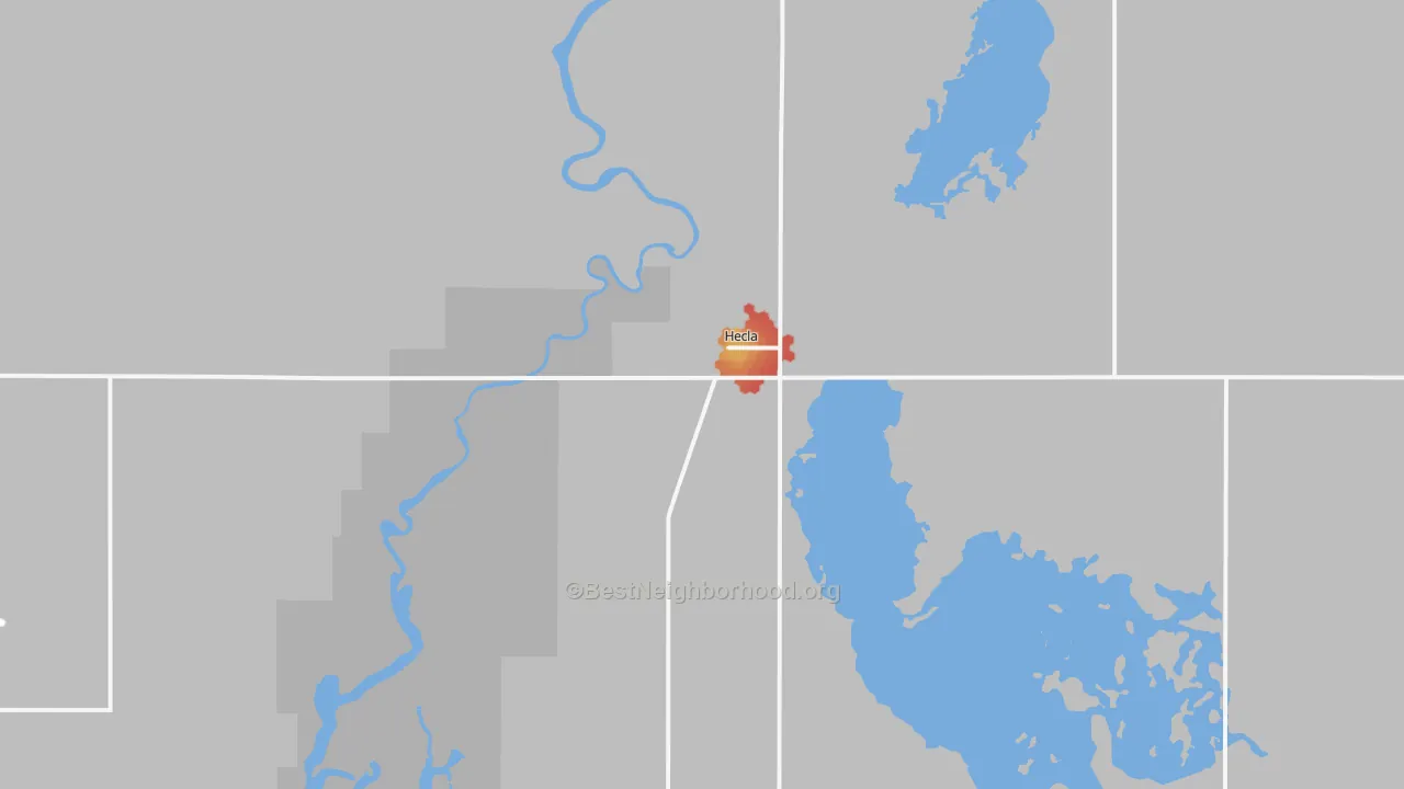 Walk Grade map of Hecla, SD, walkable areas in green and car-dependent areas in red