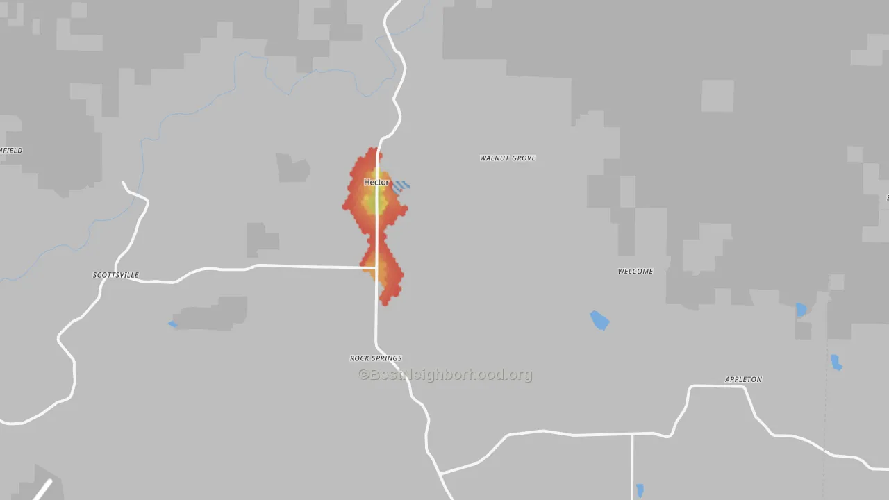 Walk Grade map of Hector, AR, walkable areas in green and car-dependent areas in red