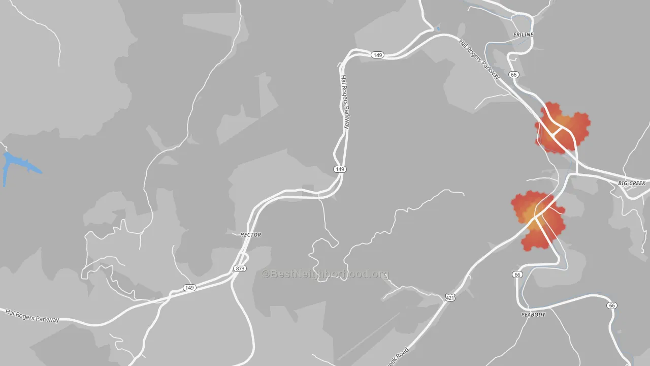 Walk Grade map of Hector, KY, walkable areas in green and car-dependent areas in red