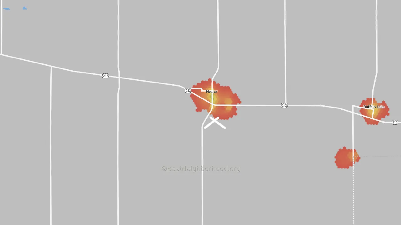 Walk Grade map of Hector, MN, walkable areas in green and car-dependent areas in red