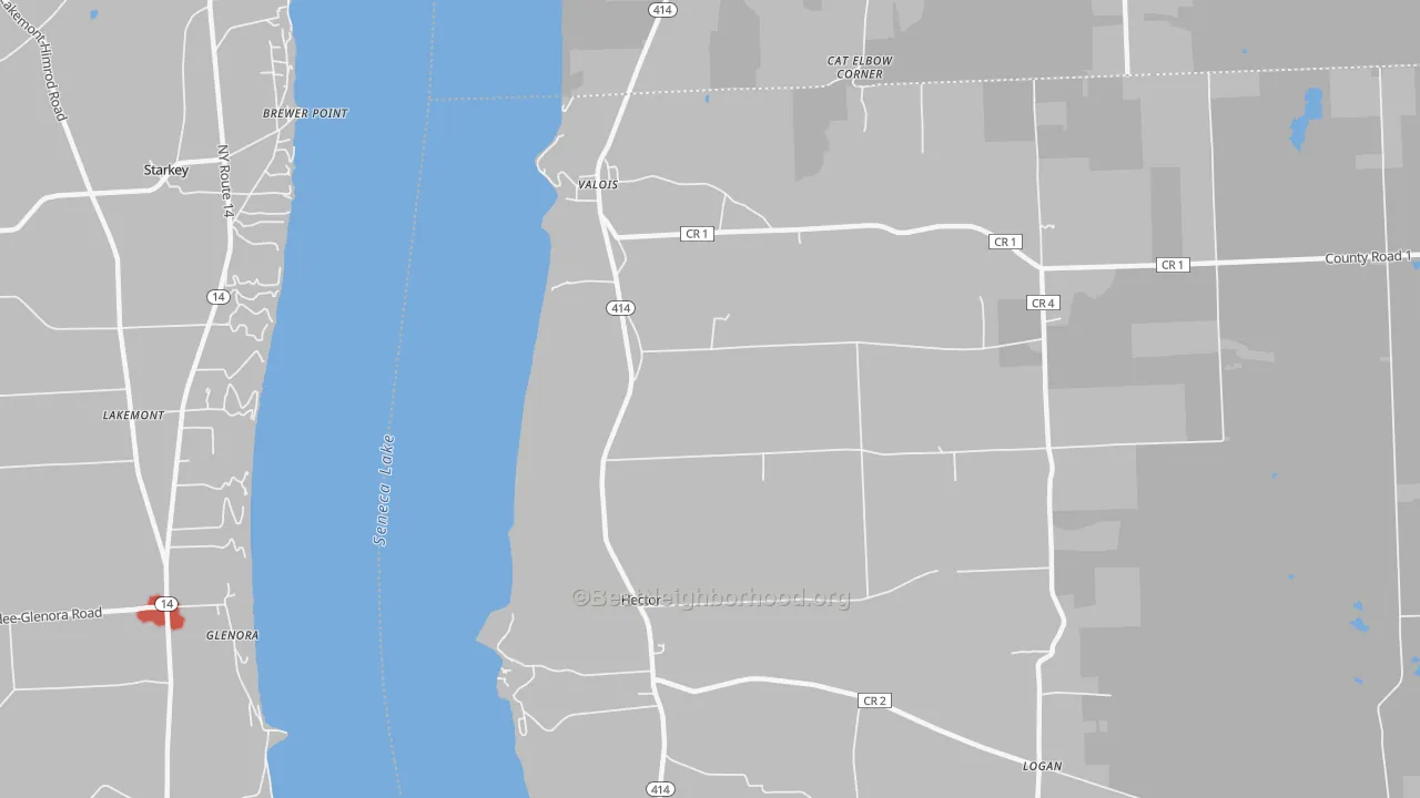 Walk Grade map of Hector, NY, walkable areas in green and car-dependent areas in red