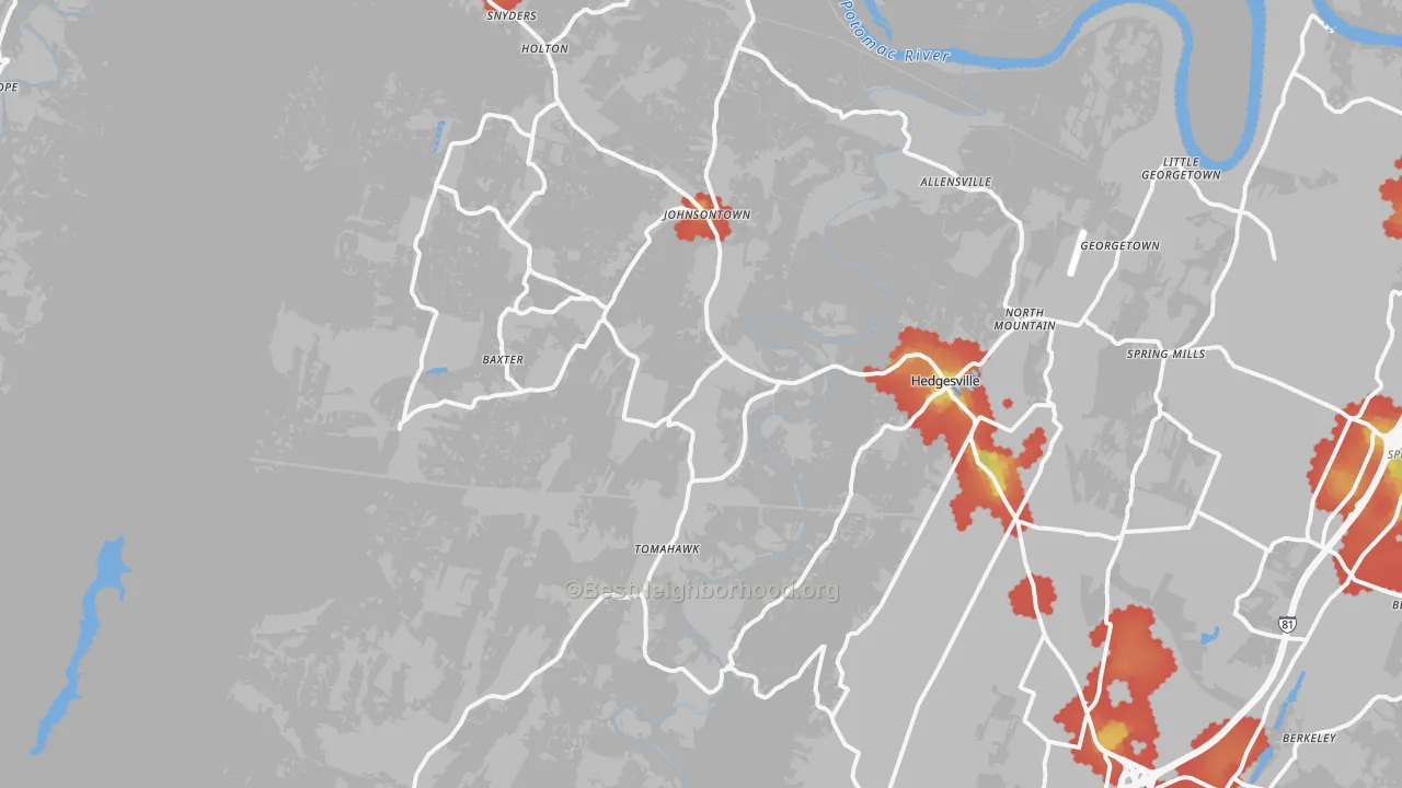 Walk Grade map of Hedgesville, WV, walkable areas in green and car-dependent areas in red