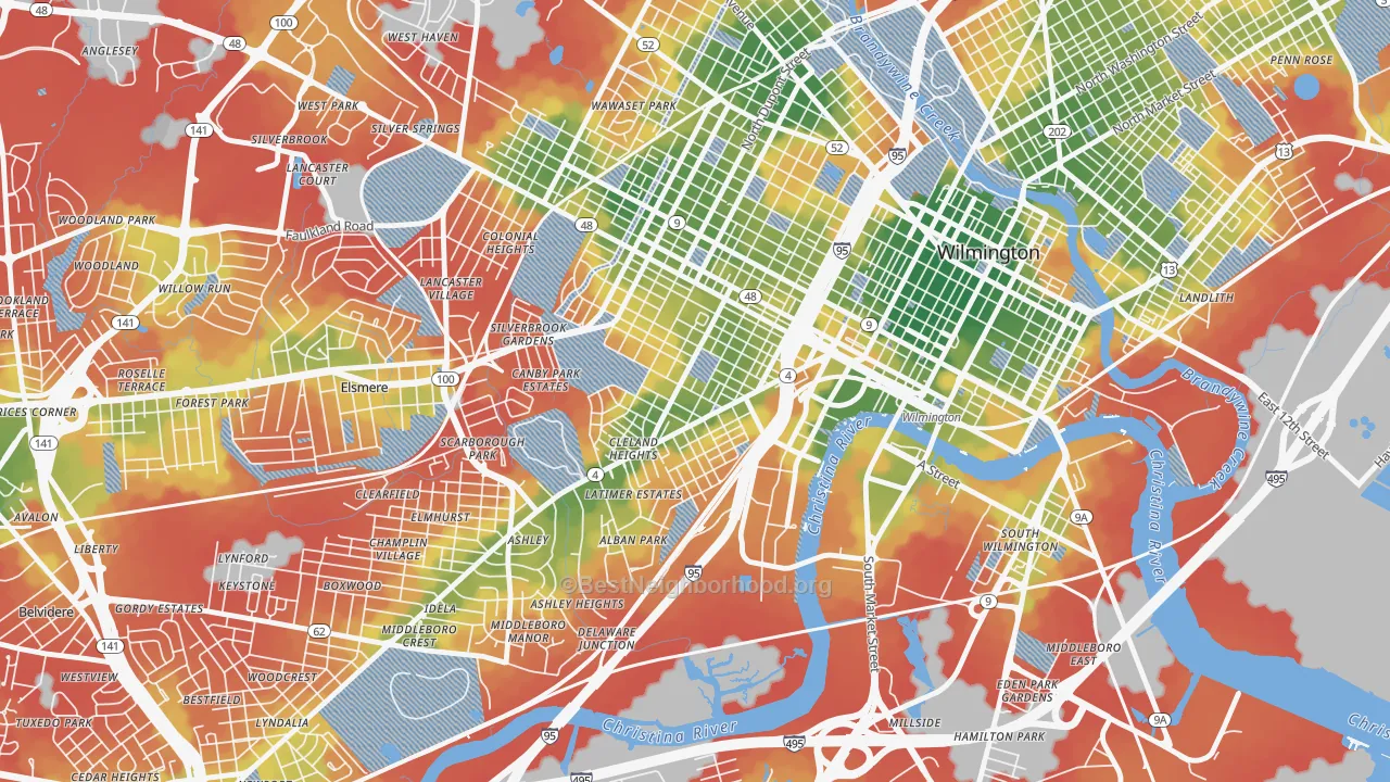 Walk Grade map of Hedgeville, Wilmington, DE, walkable areas in green and car-dependent areas in red