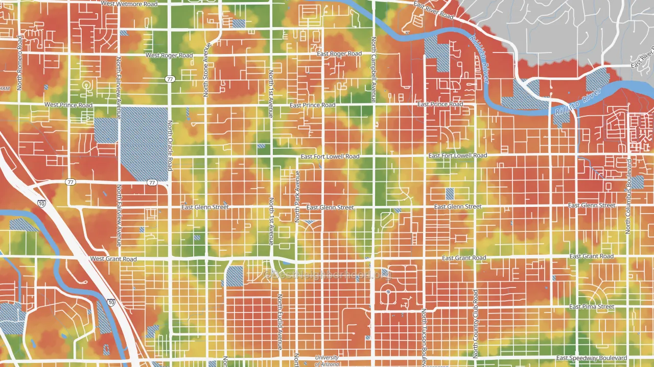 Walk Grade map of Hedrick Acres, Tucson, AZ, walkable areas in green and car-dependent areas in red