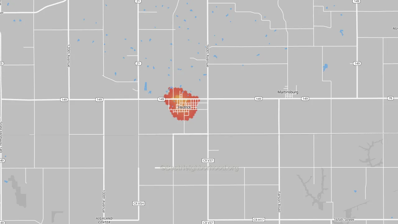 Walk Grade map of Hedrick, IA, walkable areas in green and car-dependent areas in red