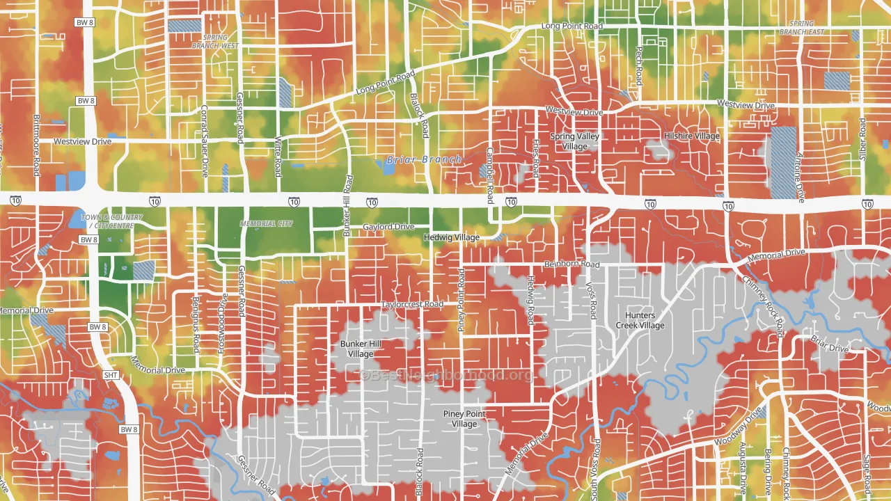 Walk Grade map of Hedwig Village, TX, walkable areas in green and car-dependent areas in red
