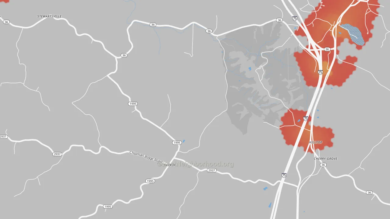 Walk Grade map of Heekin, KY, walkable areas in green and car-dependent areas in red