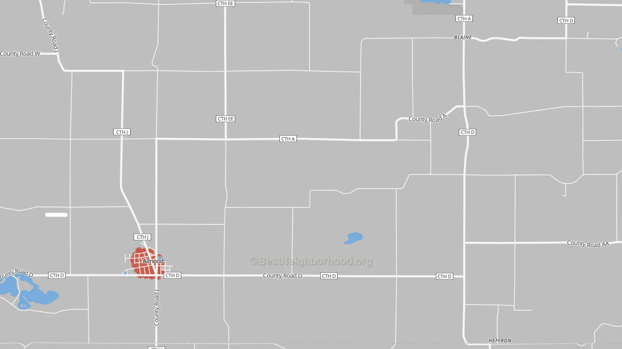 Walk Grade map of Heffron, WI, walkable areas in green and car-dependent areas in red