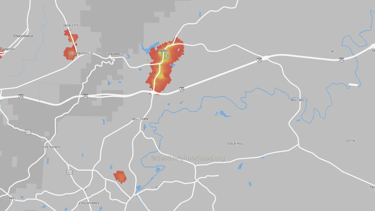 Walk Grade map of Heflin, AL, walkable areas in green and car-dependent areas in red