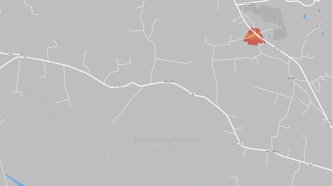 Walk Grade map of Heflin, KY, walkable areas in green and car-dependent areas in red