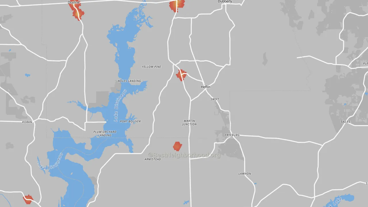 Walk Grade map of Heflin, LA, walkable areas in green and car-dependent areas in red