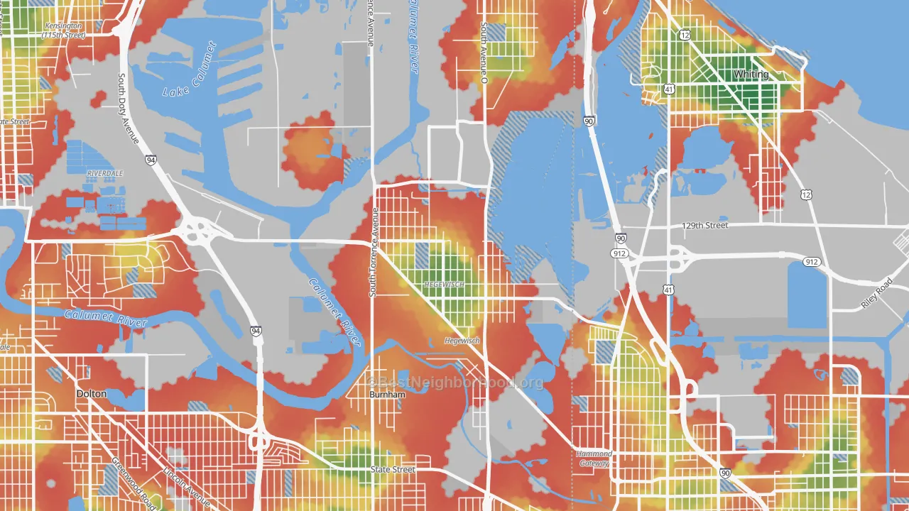 Walk Grade map of Hegewisch, Chicago, IL, walkable areas in green and car-dependent areas in red