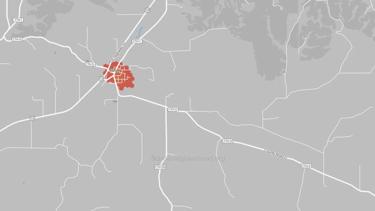 Walk Grade map of Hegg, WI, walkable areas in green and car-dependent areas in red