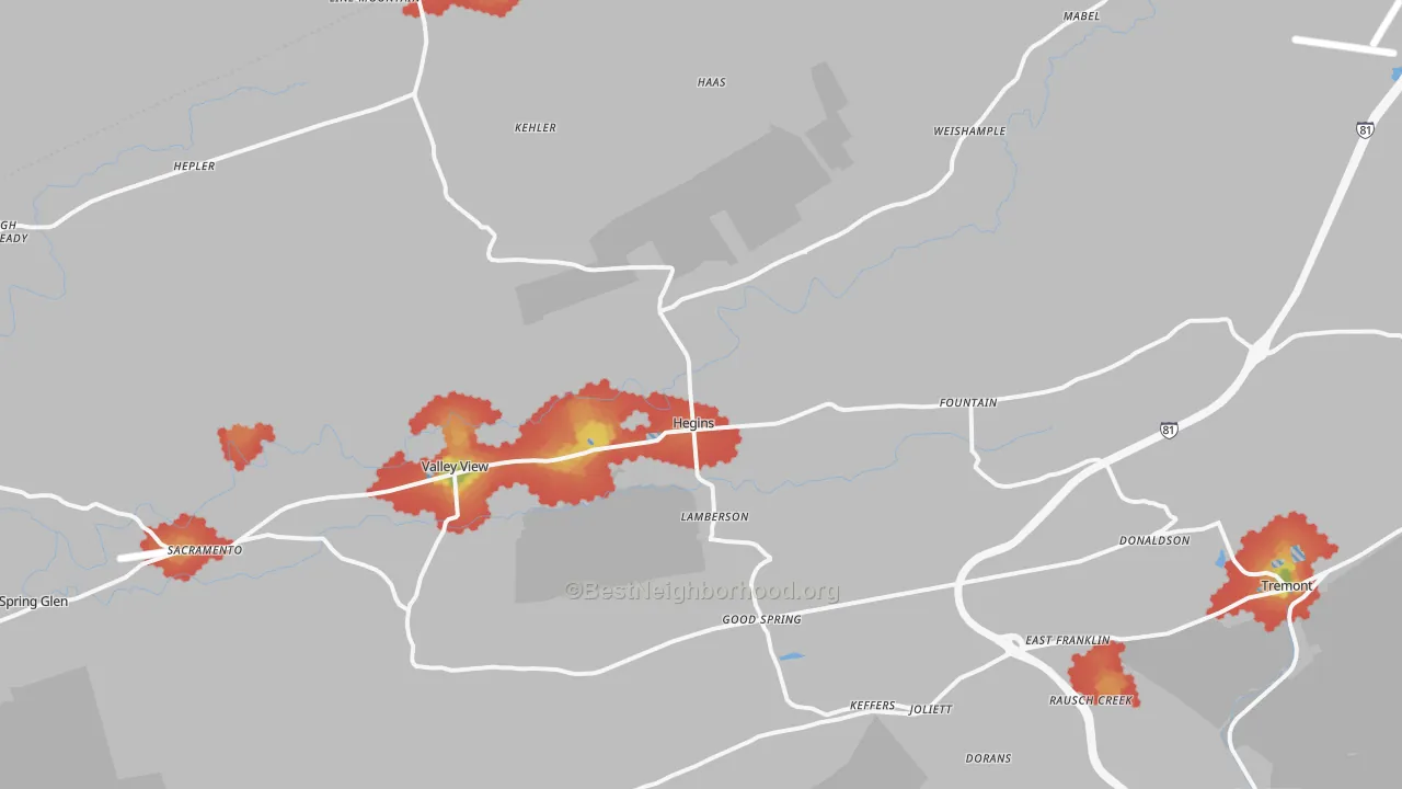 Walk Grade map of Hegins, PA, walkable areas in green and car-dependent areas in red