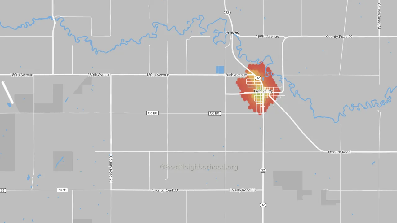 Walk Grade map of Heiberg, MN, walkable areas in green and car-dependent areas in red