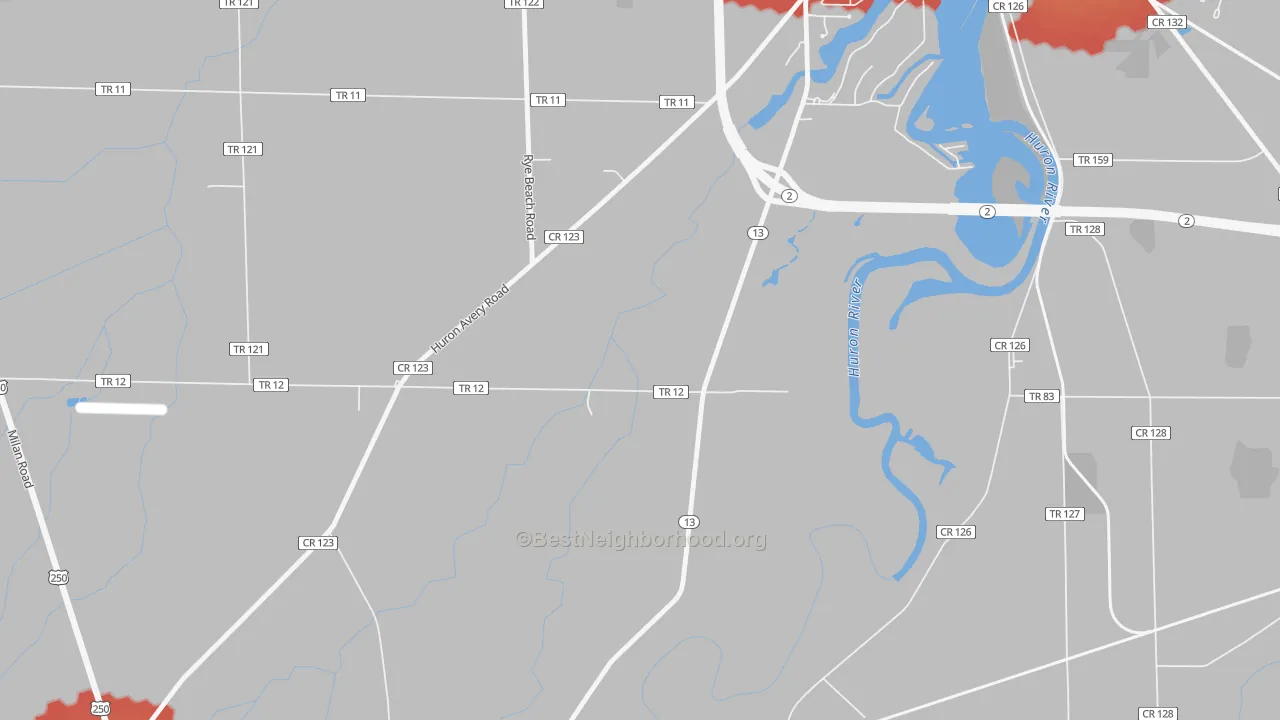 Walk Grade map of Heidelberg Beach, OH, walkable areas in green and car-dependent areas in red