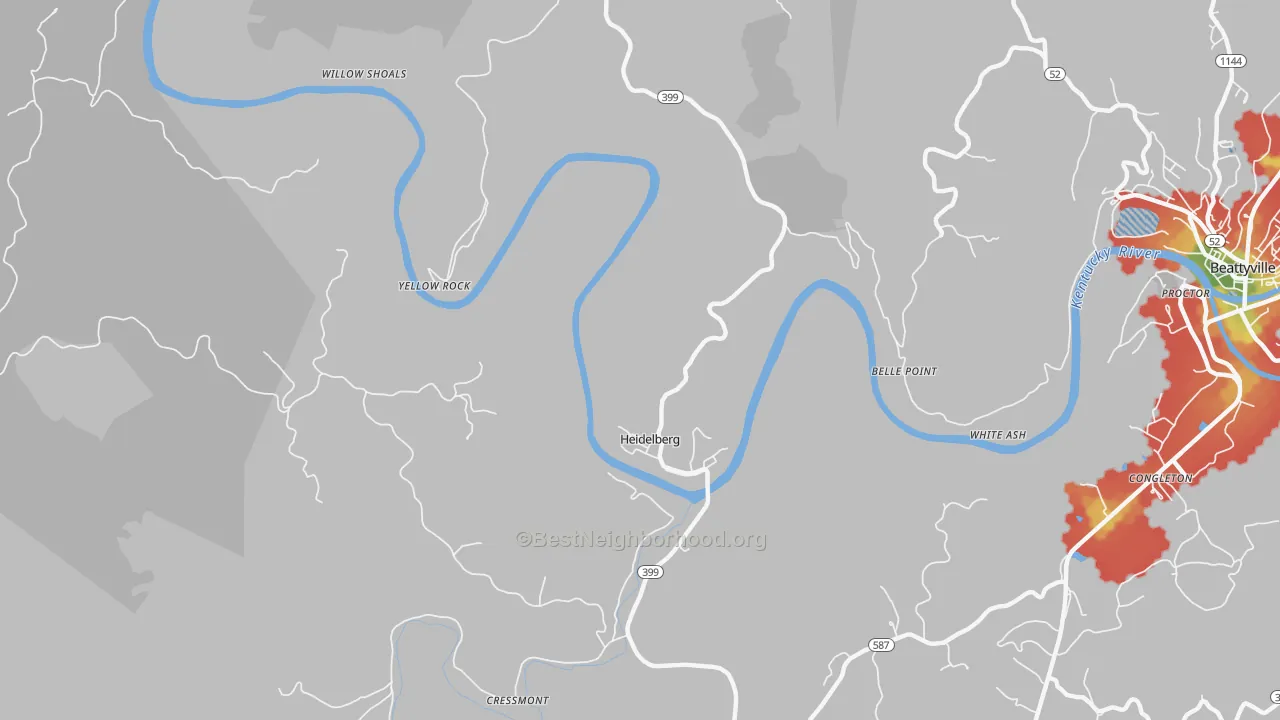 Walk Grade map of Heidelberg, KY, walkable areas in green and car-dependent areas in red