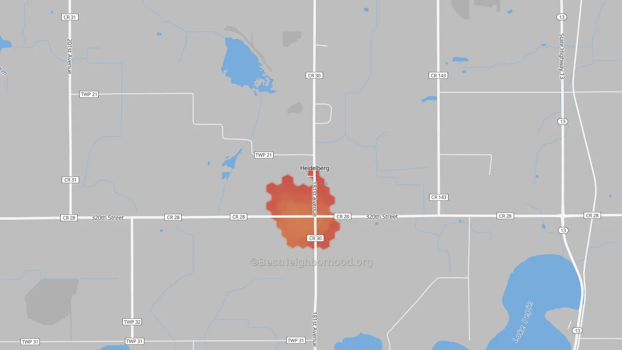 Walk Grade map of Heidelberg, MN, walkable areas in green and car-dependent areas in red