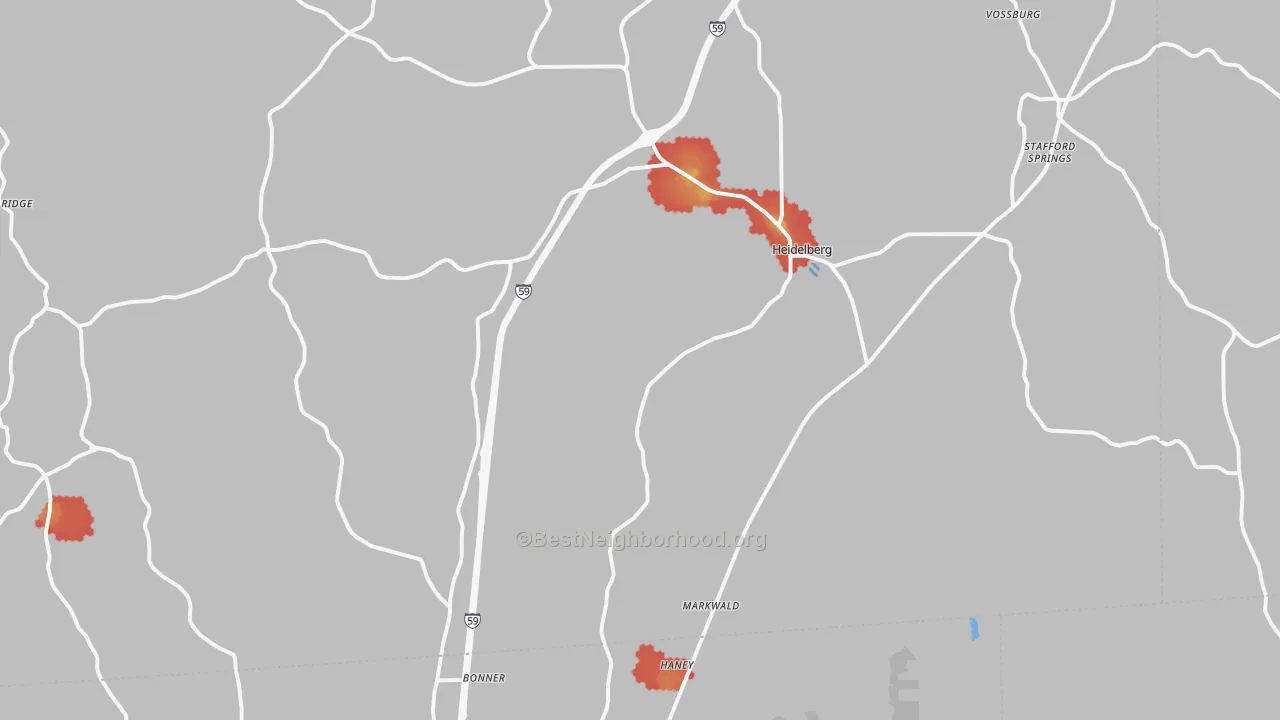 Walk Grade map of Heidelberg, MS, walkable areas in green and car-dependent areas in red