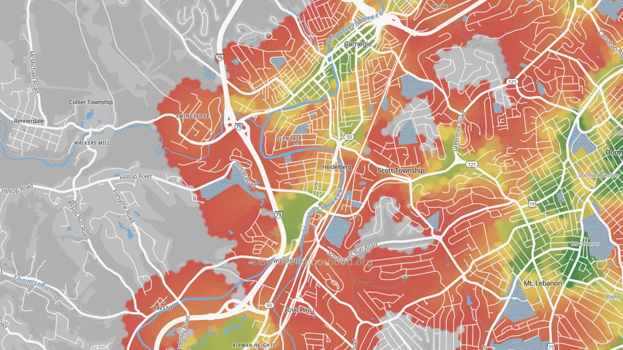 Walk Grade map of Heidelberg, PA, walkable areas in green and car-dependent areas in red