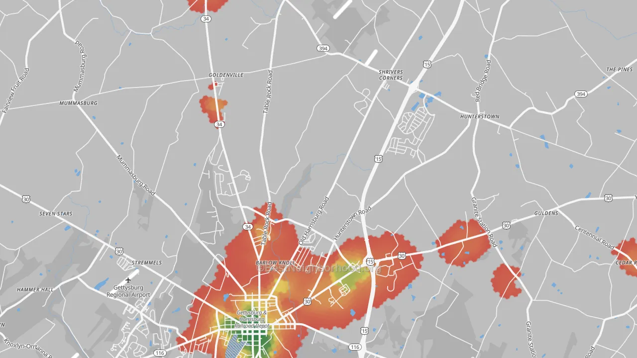 Walk Grade map of Heidlersburg, PA, walkable areas in green and car-dependent areas in red