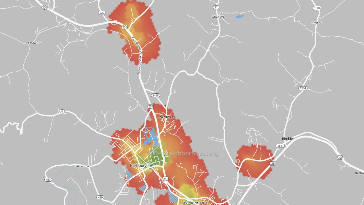 Walk Grade map of Heidrick, KY, walkable areas in green and car-dependent areas in red
