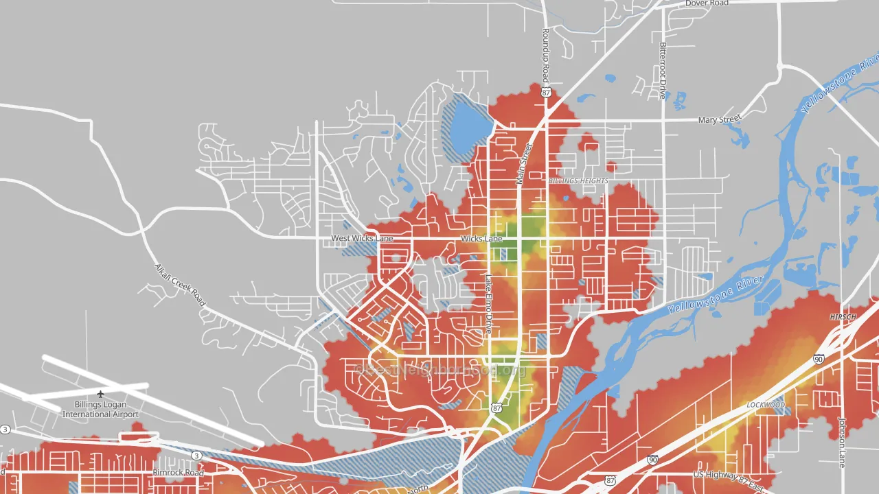 Walk Grade map of Heights, Billings, MT, walkable areas in green and car-dependent areas in red