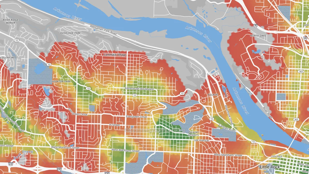 Walk Grade map of Heights, Little Rock, AR, walkable areas in green and car-dependent areas in red