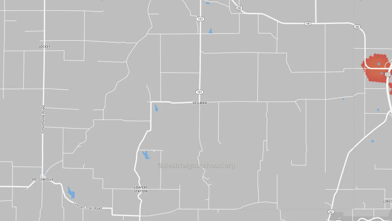 Walk Grade map of Heilman, IN, walkable areas in green and car-dependent areas in red