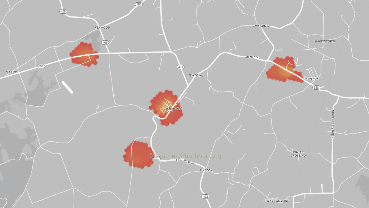 Walk Grade map of Heilwood, PA, walkable areas in green and car-dependent areas in red
