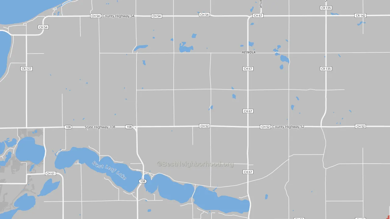 Walk Grade map of Heinola, MN, walkable areas in green and car-dependent areas in red