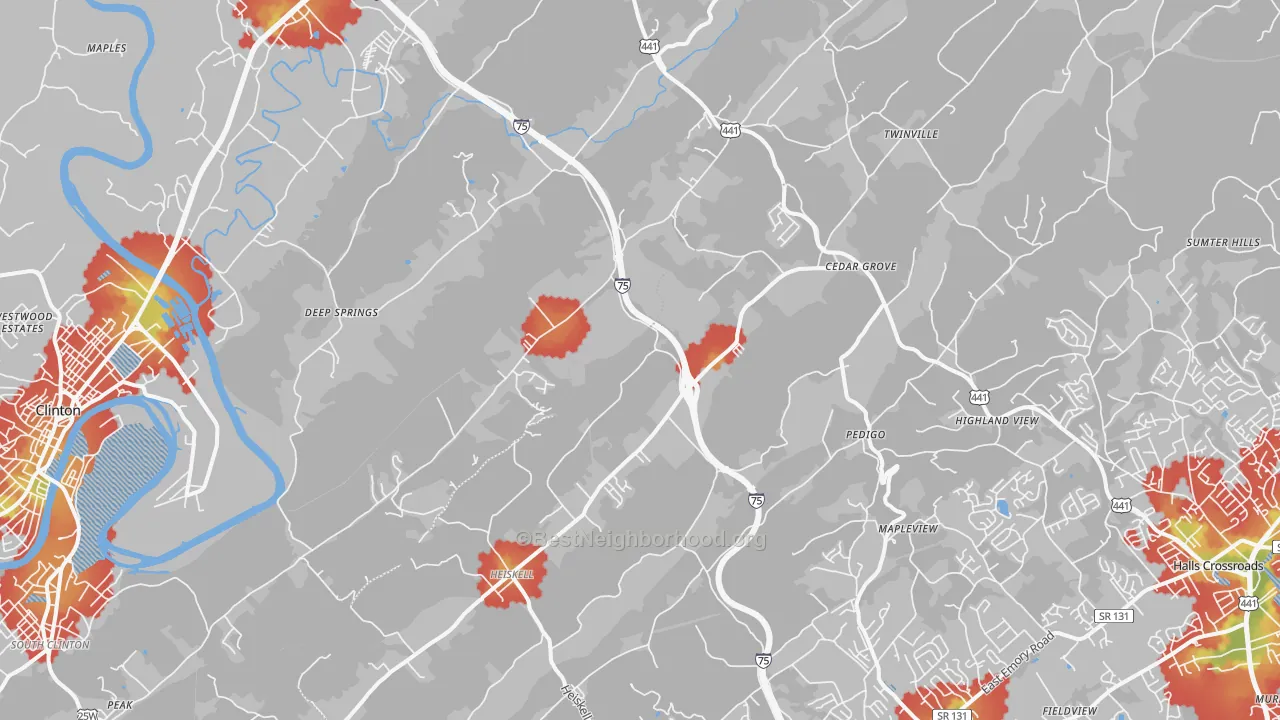 Walk Grade map of Heiskell, TN, walkable areas in green and car-dependent areas in red