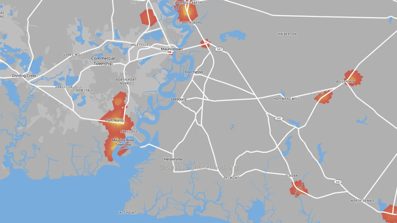 Walk Grade map of Heislerville, NJ, walkable areas in green and car-dependent areas in red