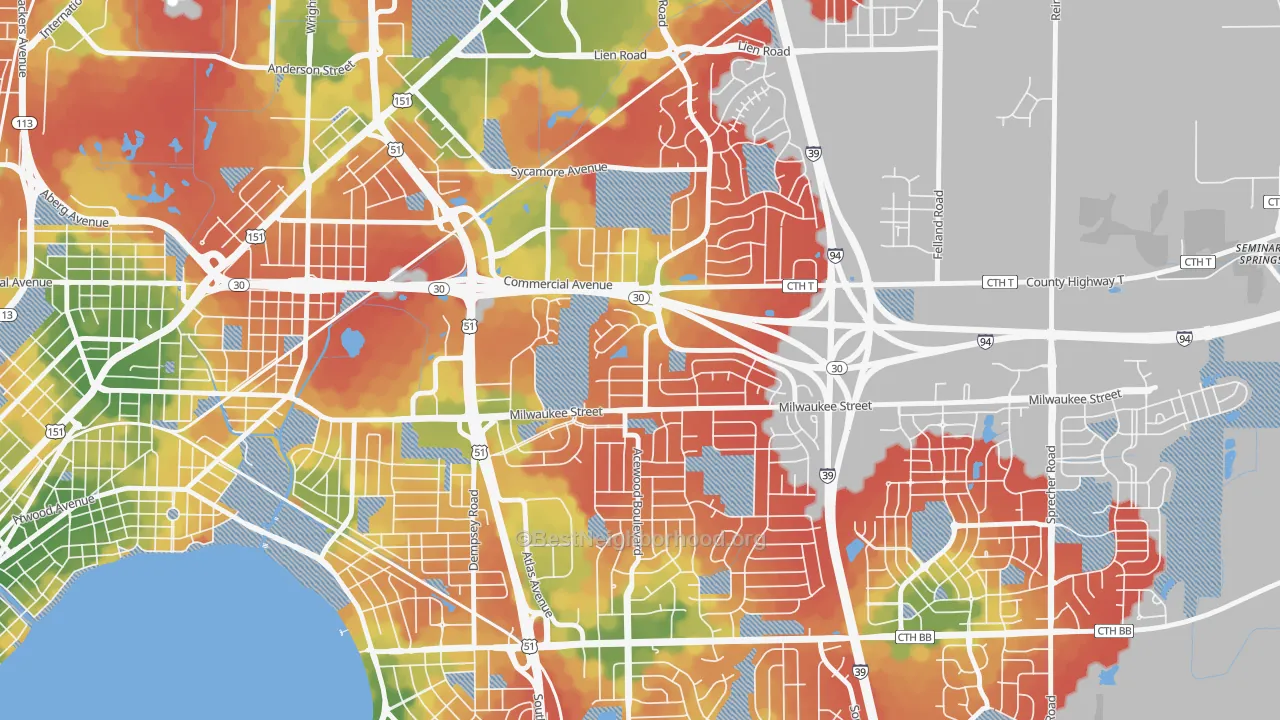 Walk Grade map of Heistand, Madison, WI, walkable areas in green and car-dependent areas in red