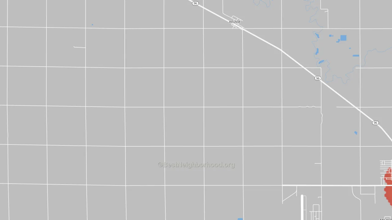 Walk Grade map of Heizer, KS, walkable areas in green and car-dependent areas in red
