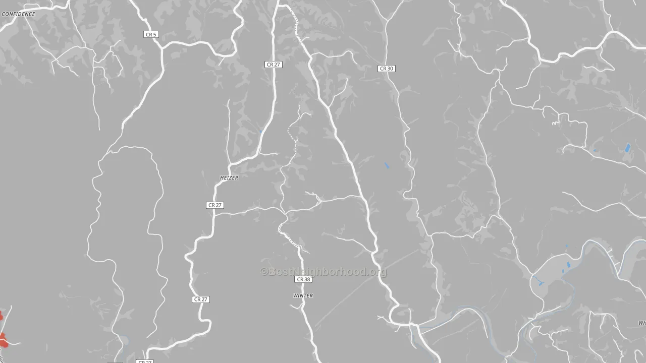 Walk Grade map of Heizer, WV, walkable areas in green and car-dependent areas in red