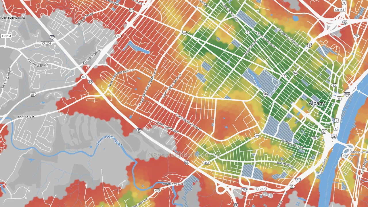 Walk Grade map of Helderberg, Albany, NY, walkable areas in green and car-dependent areas in red