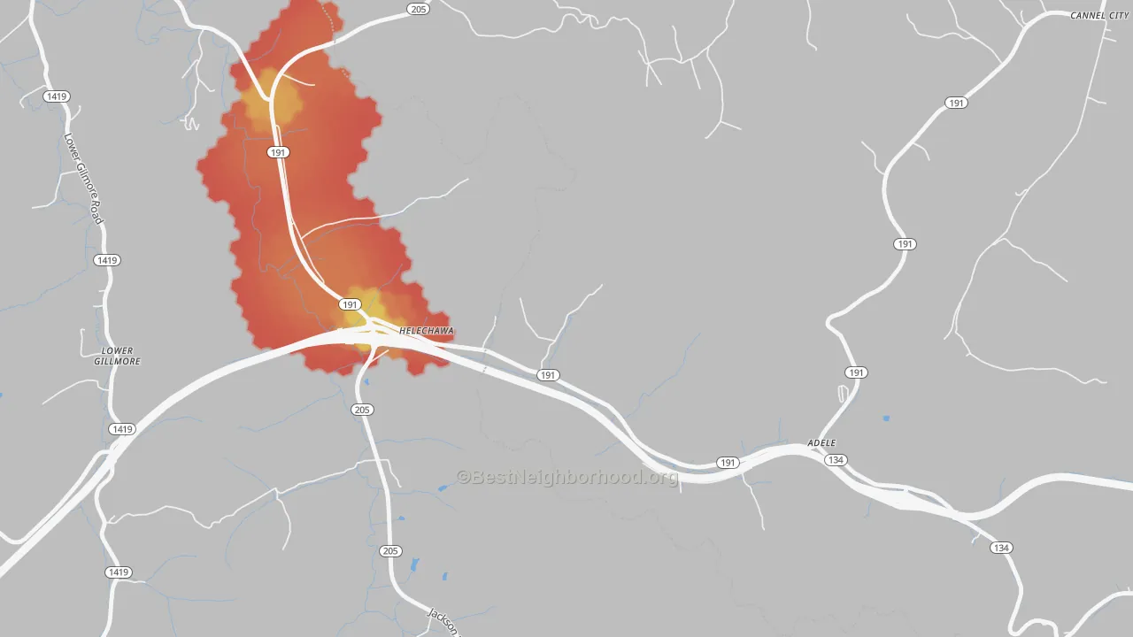 Walk Grade map of Helechawa, KY, walkable areas in green and car-dependent areas in red