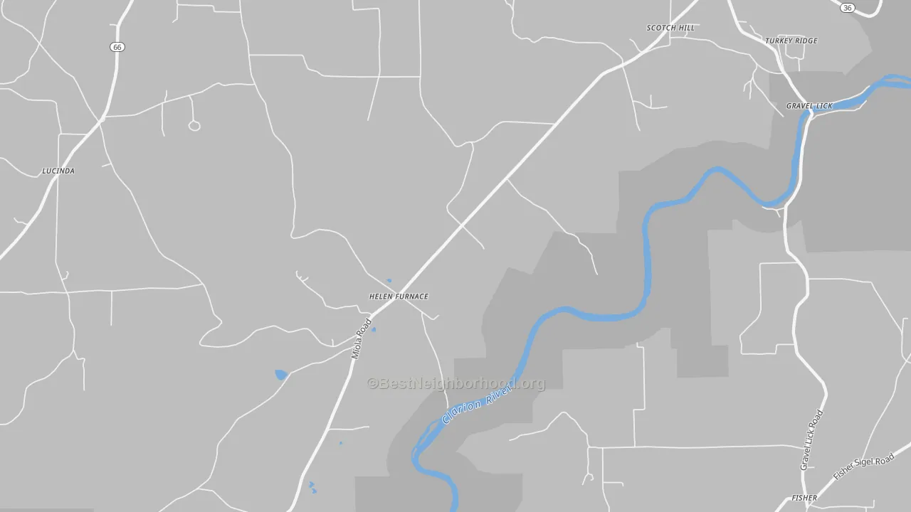 Walk Grade map of Helen Furnace, PA, walkable areas in green and car-dependent areas in red