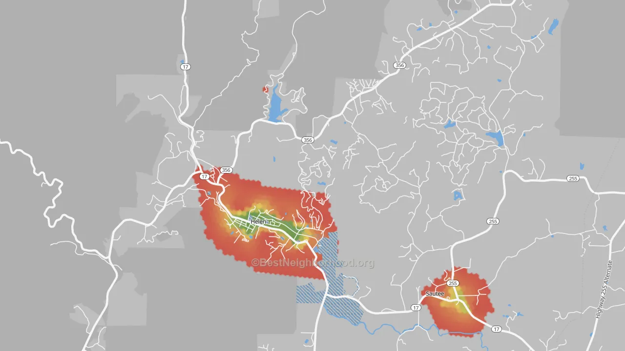 Walk Grade map of Helen, GA, walkable areas in green and car-dependent areas in red