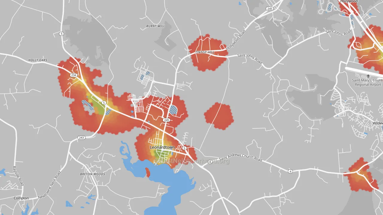 Walk Grade map of Helen, MD, walkable areas in green and car-dependent areas in red
