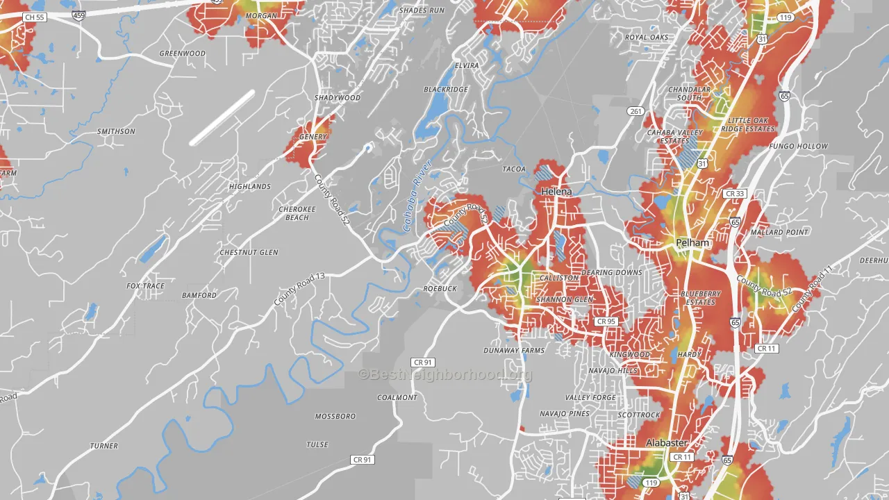 Walk Grade map of Helena, AL, walkable areas in green and car-dependent areas in red