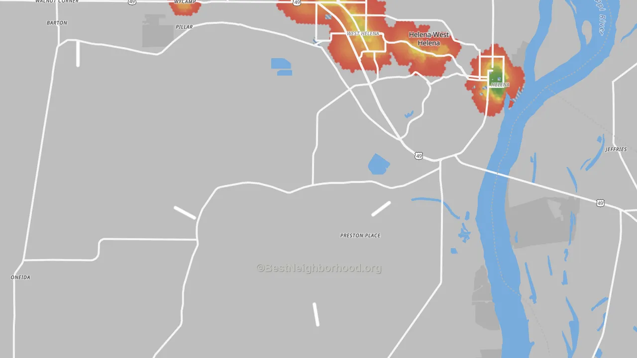 Walk Grade map of Helena, AR, walkable areas in green and car-dependent areas in red