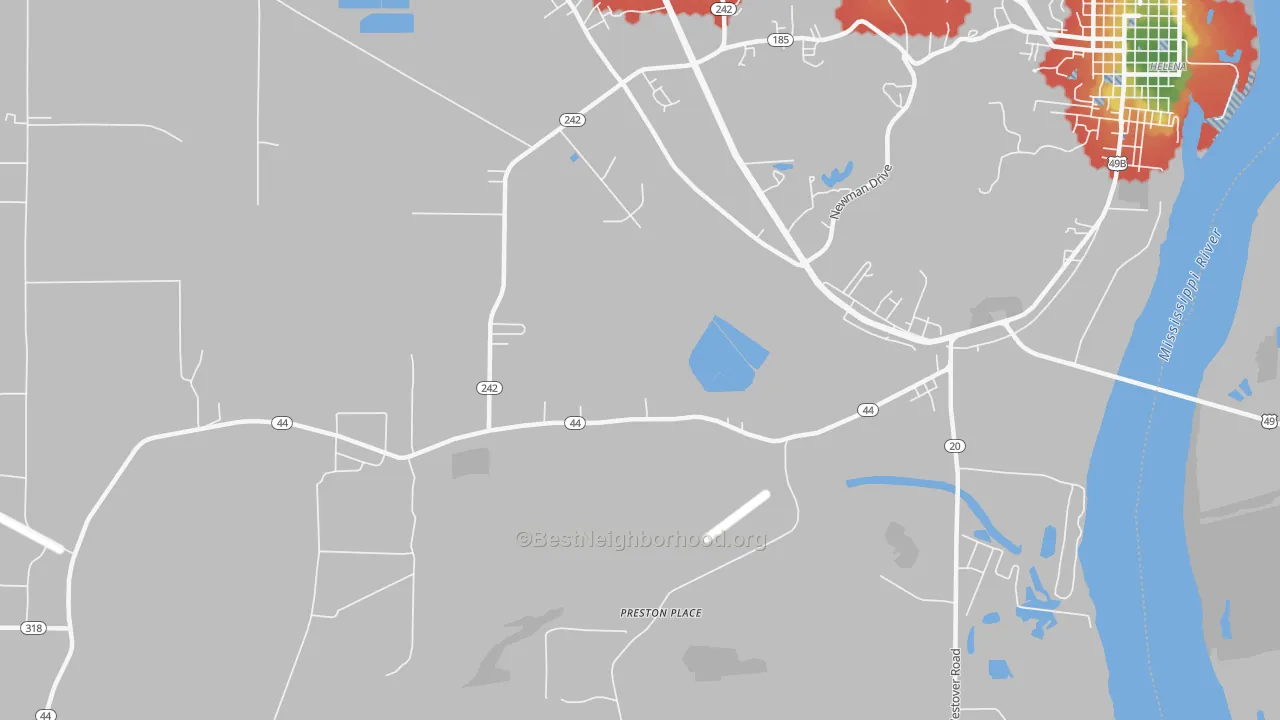 Walk Grade map of Helena Crossing, AR, walkable areas in green and car-dependent areas in red