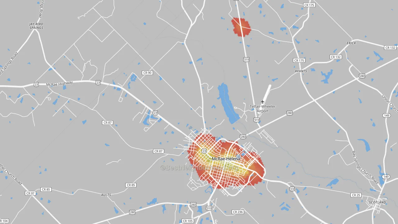 Walk Grade map of Helena, GA, walkable areas in green and car-dependent areas in red