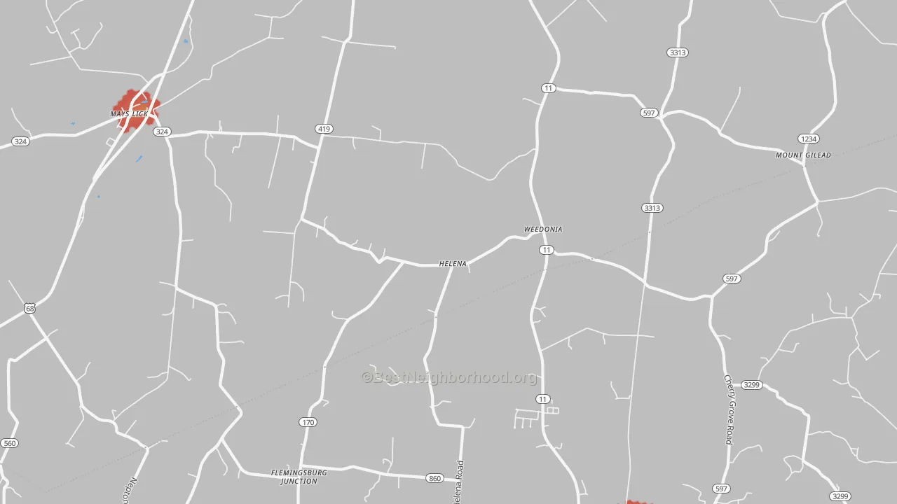 Walk Grade map of Helena, KY, walkable areas in green and car-dependent areas in red