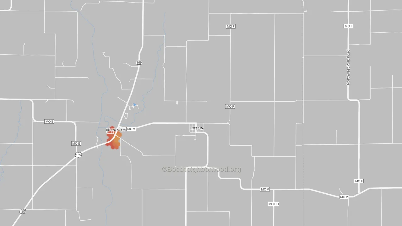 Walk Grade map of Helena, MO, walkable areas in green and car-dependent areas in red