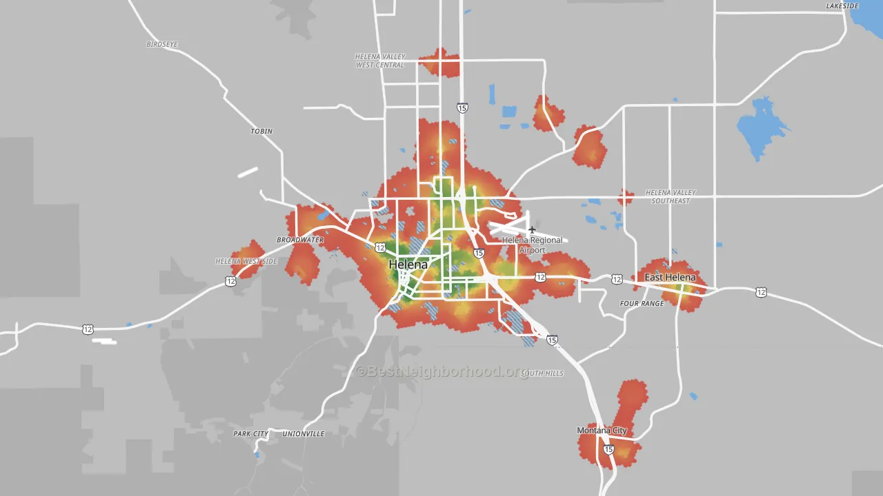 Walk Grade map of Helena, MT, walkable areas in green and car-dependent areas in red
