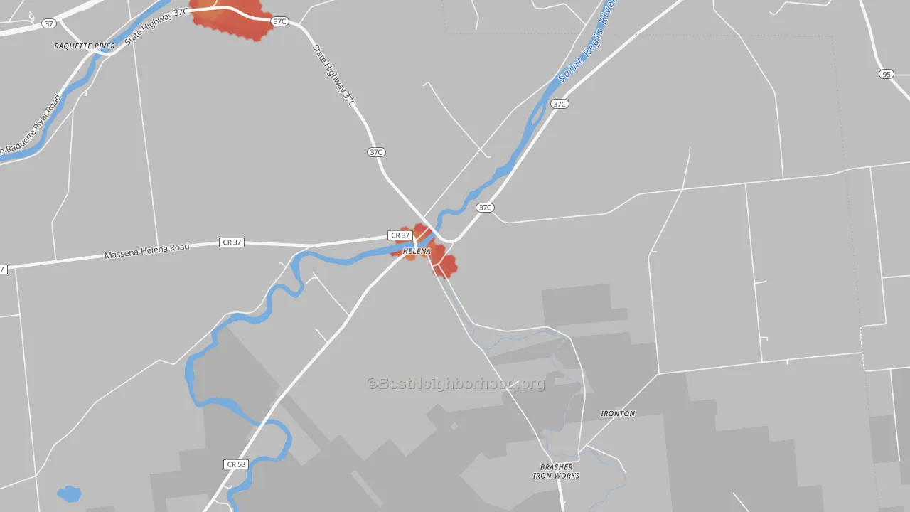 Walk Grade map of Helena, NY, walkable areas in green and car-dependent areas in red