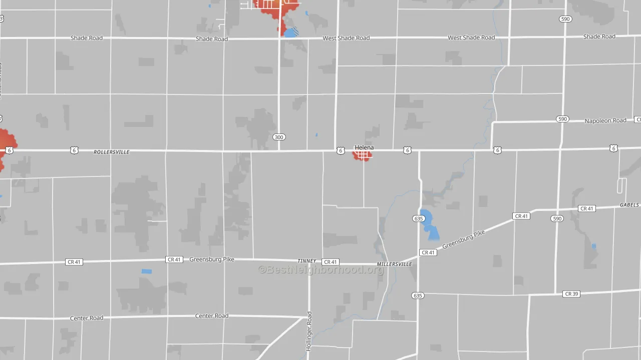 Walk Grade map of Helena, OH, walkable areas in green and car-dependent areas in red